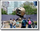 The damaged sphere sculpture that once sat outside the Twin Towers.